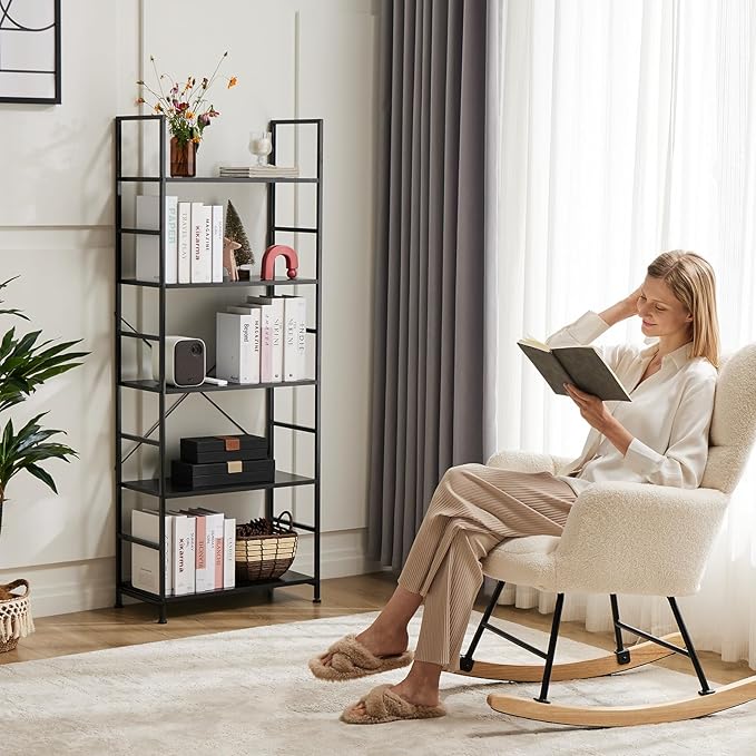 Sweetcrispy Book Shelf, 5 Tier Bookcase, Modern Tall Bookshelf for Garage Kit, CDs, Movies, Industrial Corner Storage Organizer for Bedroom Home Office Kitchen Living Room, Black