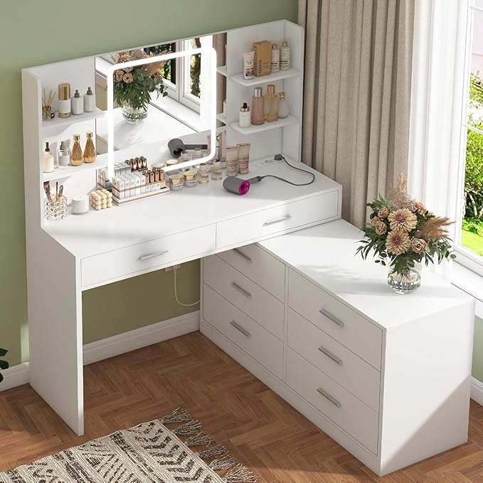 Vanity Makeup Desk with LED Light Mirror & Power Outlet, 8 Drawers, 6 Storage Shelves, 3 Color Modes & Adjustable Brightness Dressing Table, Corner Vanity, L Shape Change, 39.4”Desk, White