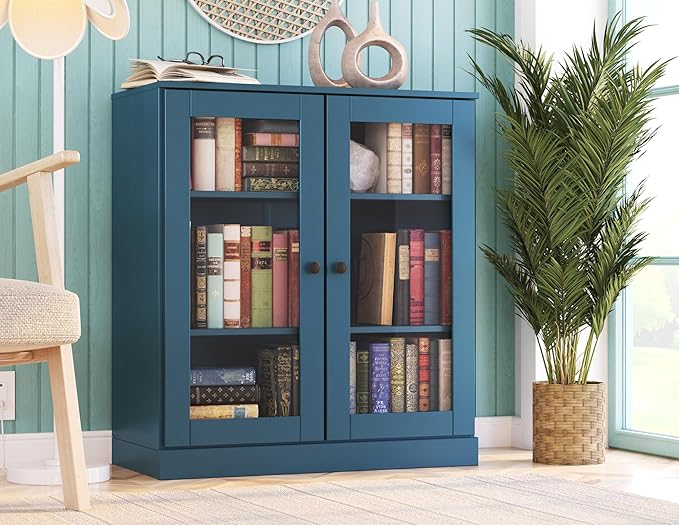 Palace Imports Solid Wood Bookcase - Floor Standing Bookshelf - 32” W - Display Furniture, Renewable 100% Eco-Friendly Wood, Made in Brazil (Teal Blue, Clear Glass Doors | 3-Shelf Short Bookcase)