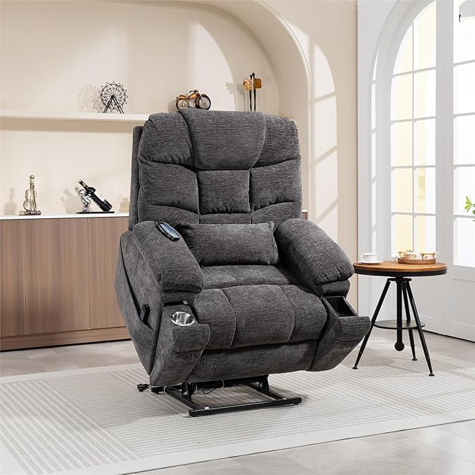 Oversized Lay Flat Power Lift Recliner Chair with Heat and Massage for Elderly, Infinite Position Heavy Duty Dual Motor Lift Chair 400 lbs with Cup Holder & Wireless Phone Charger