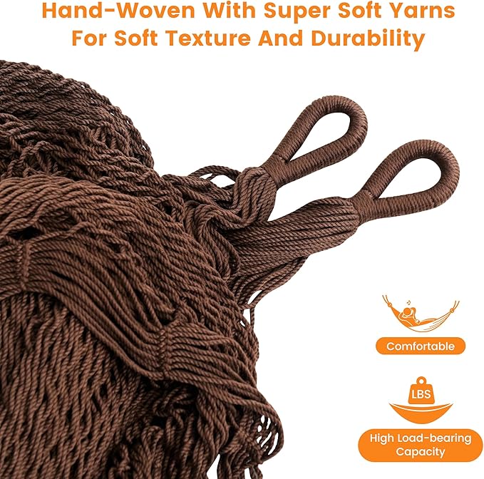 Lazy Daze Hammocks Handwoven Mayan Hammock, 10.5 FT Soft Rope Double Hammocks, Portable Outdoor Hammock with Carry Bag, 2 Straps & carabiners for Patio Outside, 550 lbs Weight Capacity, Coffee