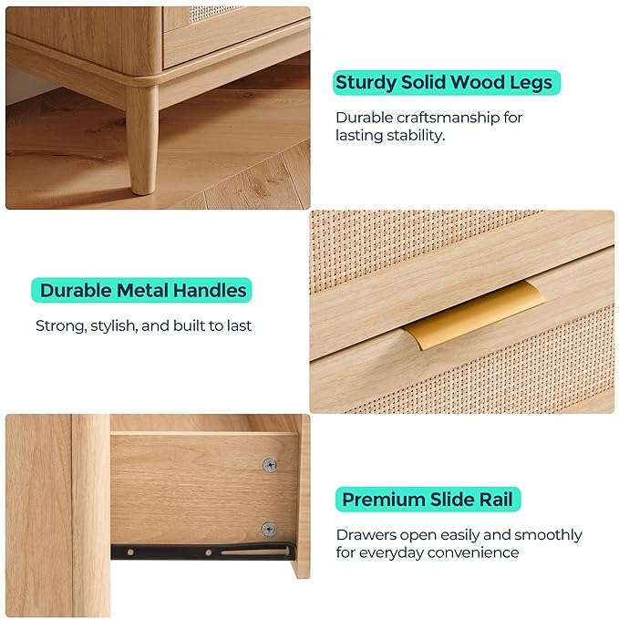 LINSY HOME Rattan Dresser for Bedroom with 9 Drawers, 58" Wide Chest of Drawers, Mid Century Modern Dresser TV Stand with Metal Handle, Wood Closet Storage Cabinet for Living Room, Hallway, Oak