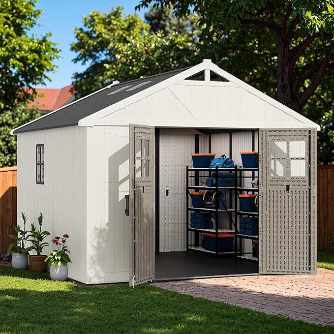 Greesum 10×10 FT Plastic Outdoor Storage Shed with Floor and Lockable Door, Resin Sheds with Windows and Skylights, Weather Resistant Organization for Garden, Lawn, Pool Supplies, Beige