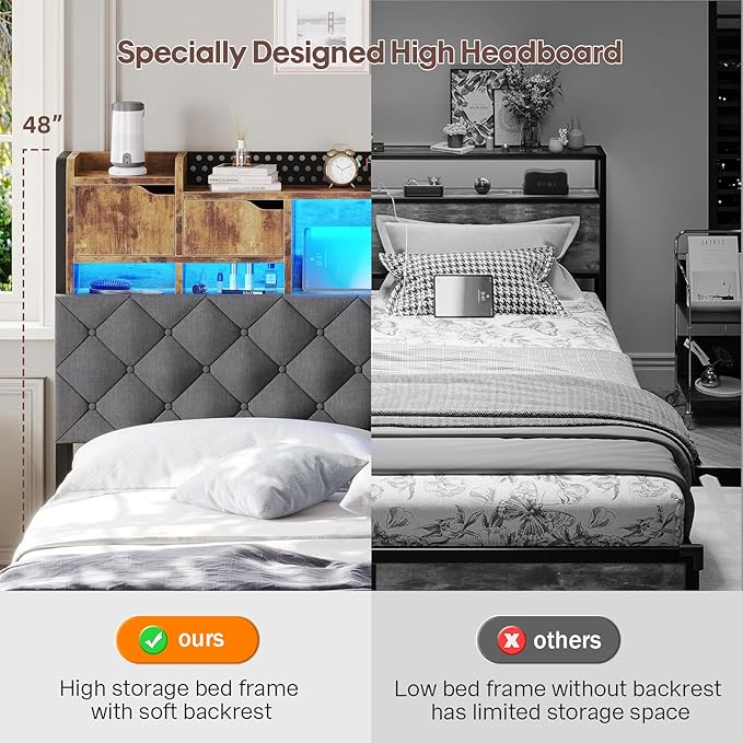 King Size Bed Frame with Upholstered Storage Headboard, King Bed Frame with Smart LED Lights, Camas King Bed with Charging Station,Noise-Free, Metal Support, No Box Spring Needed, Gray