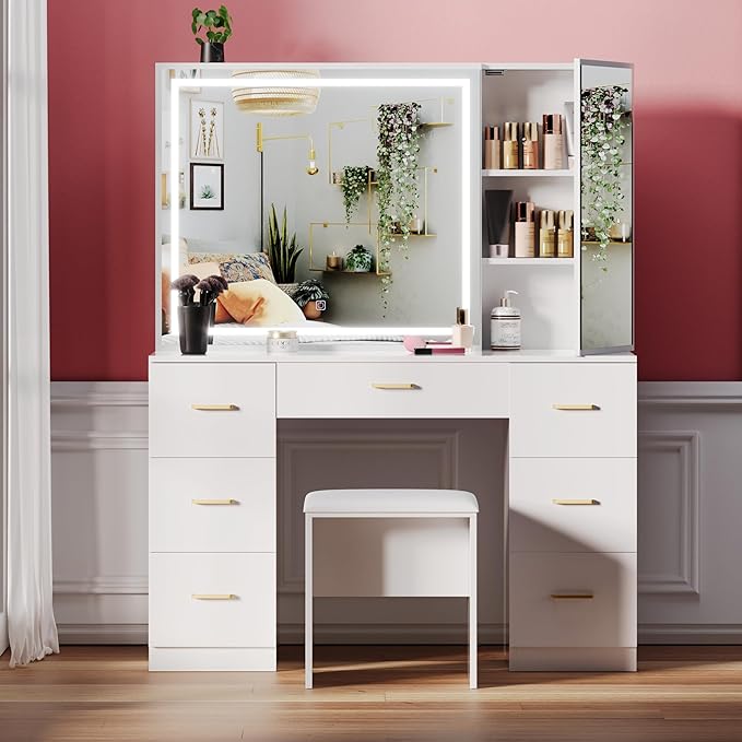 Vanity Desk with Mirror and Lights, Makeup Vanity Desk with 7 Drawers & Cushioned Stool, Hidden Cabinet, Brightness Adjustable, Vanity Table for Bedroom, Dressing Room, Women, Girl (White)