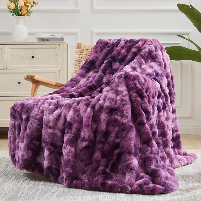 NEWCOSPLAY Faux Fur Twin Blanket Tie-dye Violet Purple Luxury Fluffy Thick Warm Bubble Blanket for Couch Sofa Bed 700GSM (Tie-dye Violet Purple, Twin(60"x80"))
