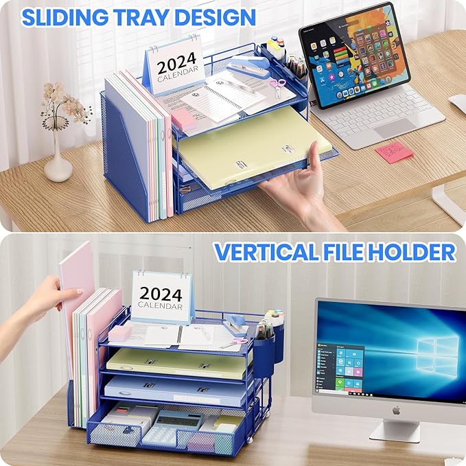 Desk Organizer and Accessories, 4-Tier Desktop File Organizer with Drawer and 2 Pen Holders, Office Desk Accessories for Office Supplies(Dark Blue)