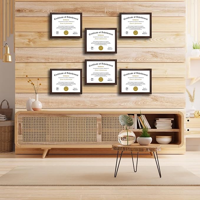 8.5x11 Picture Frames Certificate Document Frame Set of 6 with Real Glass, Diploma Frame for Wall Gallery or Tabletop display in Walnut