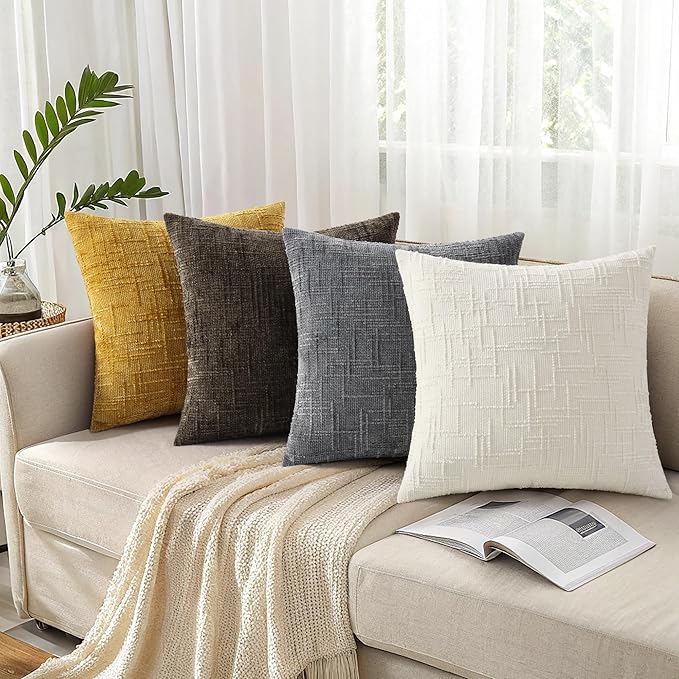 decorUhome Mustard Yellow Chenille Throw Pillow Covers 18x18 Set of 2 Thick Textured Slubby Couch Pillow Covers Farmhouse Accent Modern Neutral Decorative Pillow Cases for Bed Sofa Living Room