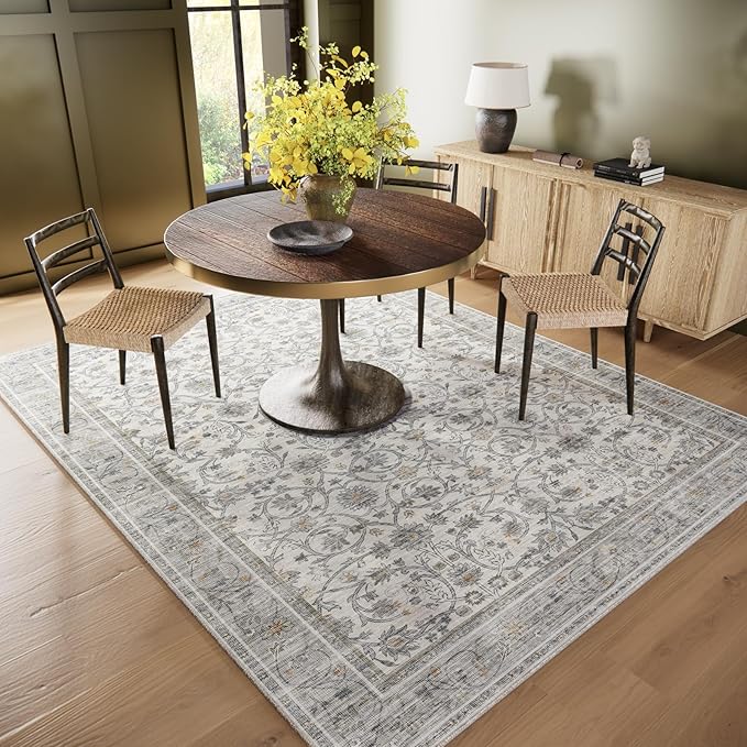 6x9 Washable Rug Vintage Fade Resistant Boho Distressed Non-Slip Indoor Large Carpet Low Pile Lightweight & High-Traffic Safe for Bedroom, Dorm, Playroom - Farmhouse Decor