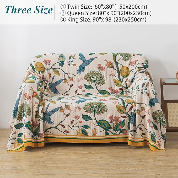 Boho Throw Blanket for Bed-100% Cotton Soft Breathable Farmhouse Decor Boho Quilt for Sofa (Flower Bird, 90"x98")