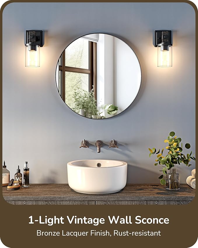 EDISHINE Wall Sconces Set of 2, Vintage Vanity Light Fixtures with Clear Glass Shade & Bronze Finish, 1-Light Wall Mount Lamp for Bathroom, Hallway, Living Room, Mirror, Kitchen
