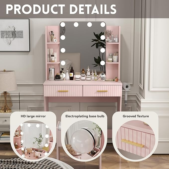 Vanity Desk with LED Lighted Mirror, Makeup Vanity with 3 Adjustable Lights, 2 Large Drawers and 4 Open Shelves, Pink Vanity Table with Storage Stool for Bedroom