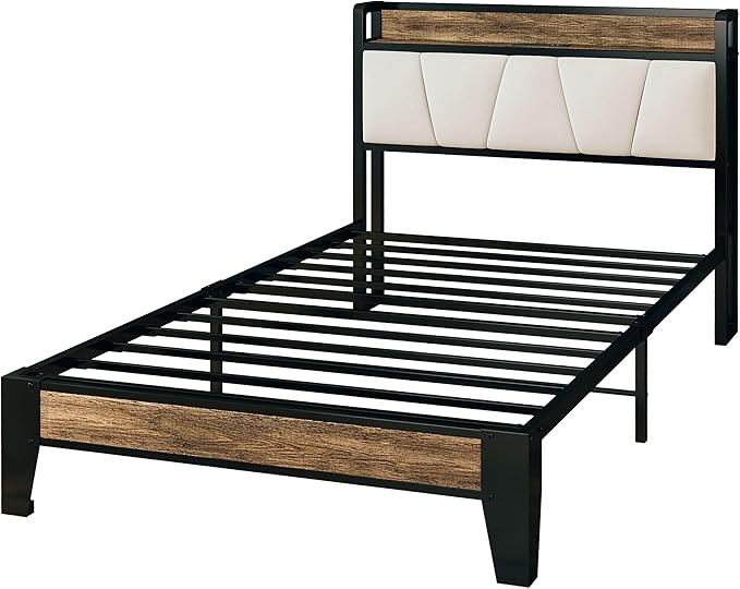 LIKIMIO Twin Bed Frames, Storage Headboard with Charging Station, Solid and Stable, Noise Free, No Box Spring Needed, Easy Assembly (Walnut and Beige)