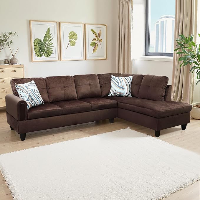NicBex Sectional Couch 2 Pieces 66.5" L Sofa with Right Chaise Flannel L Shaped Cloud Couch Frame, Modular Sofa for Living Room & Small Apartment, Walnut