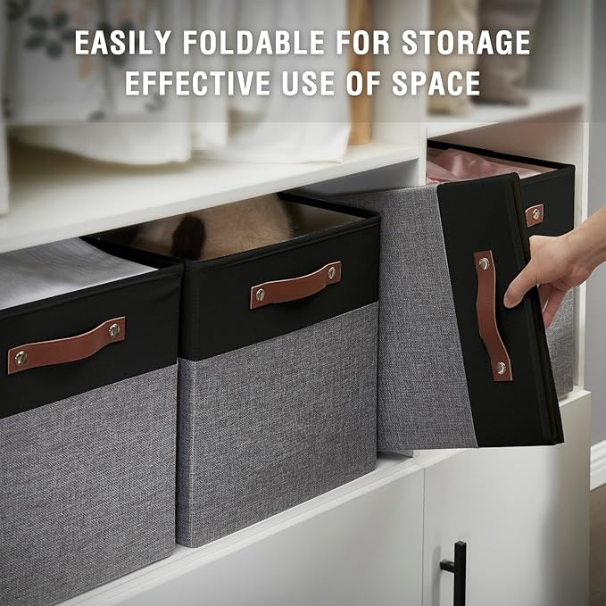 Collapsible Fabric Storage Cube Bins with 2 Reinforced PU Handles, Foldable Storage Organizer Baskets for Closet, Shelves, Living Room | 11"x11"x11", 4 Pack, Black & Gray