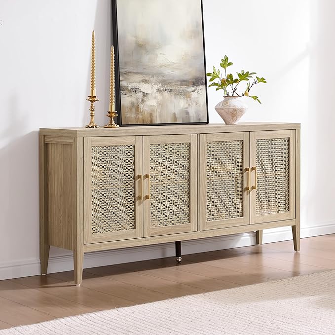 SICOTAS TV Stands for Living Room Bedroom - Farmhouse Entertainment Center TV Console with 4 Doors Cabinet, 59" Boho Television Stands Media Console Credenza for 45 50 55 60 65 Inch TVs, Light Walnut