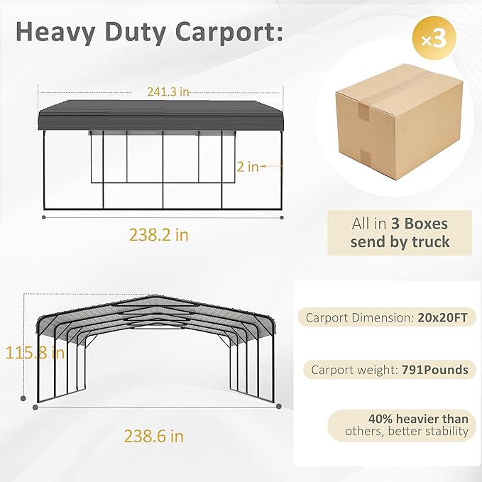 MUPATER 20' x 20' Heavy Duty Carport for Garage, Outdoor Metal Carport Canopy, Car Garage Shelter with Innovative Assembly Metal Roof and Frame for Vehicle, Boat, Truck,Grey