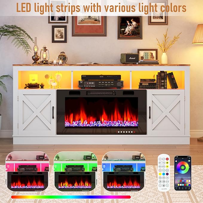 Farmhouse TV Stand with 36" Fireplace for 80" TV, 70" Entertainment Center with Barn Doors and LED Light, Tall Fireplace TV Stands for Living Room,White