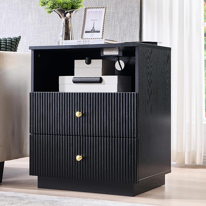 Fluted NightStand with Charging Station, 21.65" Black Nightstand with Drawer/Open Shelves, 2 Drawer Dresser for Bedroom, Morden End Table Bedside Table for Bedroom, Living Room,Black