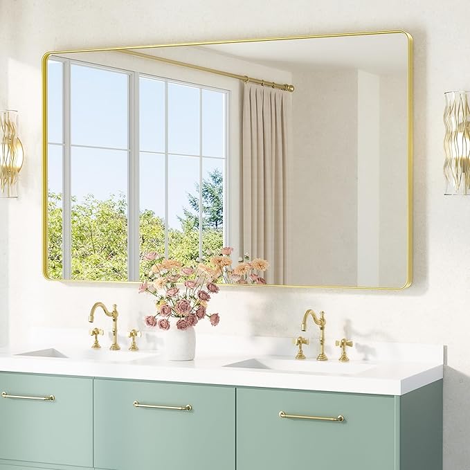 TETOTE 60 x 36 Gold Mirror Brushed Gold Metal Framed Bathroom Mirror, Tempered Glass, Modern Farmhouse Wall Mounted Mirror for Decorative(Horizontal/Vertical)