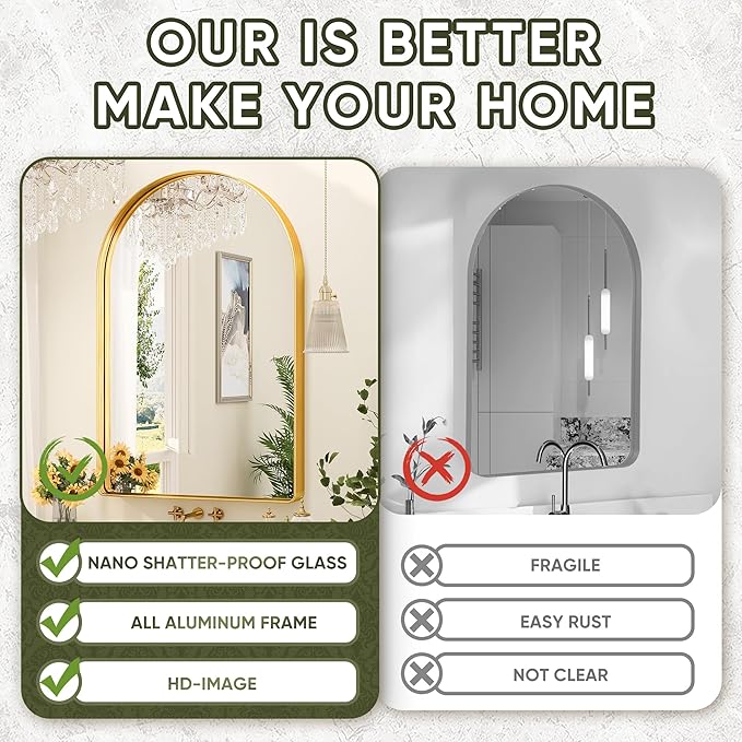 Suidia 22" x 30" Bathroom Mirror, Bathroom Vanity Mirror Metal Framed, Wall-Mounted Mirrors for Bedroom, Living Room, Entryway, Hallway, Gold, Arch Style