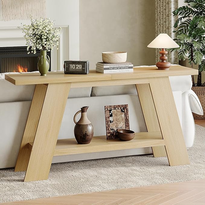 Treocho 63 Inch Long Console Tables for Entryway, 2-Tier Modern Wood Sofa Table with Shelf Behind Couch, Contemporary Narrow Entryway Table for Living Room, Hallway, Entrance, Hallway, Entrance, Oak