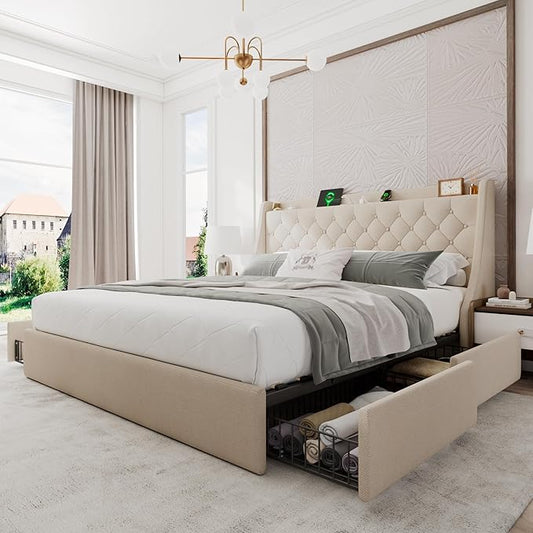Upholstered King Size Bed Frame with 4 Storage Drawers, Modern Platform Bed with Wingback Headboard, Charging Station, No Box Spring Needed, Beige