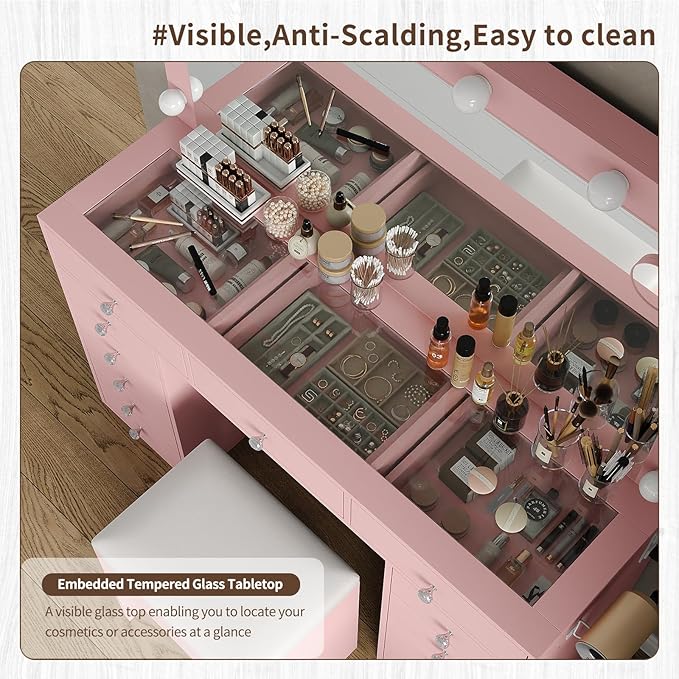 13 Drawers Vanity Desk, 47''W Makeup Vanity with Power Outlet, Vanity Table with Mirror and 12 LED Bulbs, 3 Color Lighting Modes, Glass Top, Dressing Table for Bedroom (Pink)