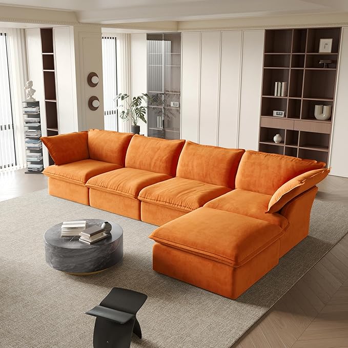 JACH L-Shaped Sectional Couches, Modular Sectional Sofas, Modern Comfy Cloud Couch with Chaise Ottoman, Cushion Covers Removable, Two Corners and Two Middle Sofa for Living Room (Orange)