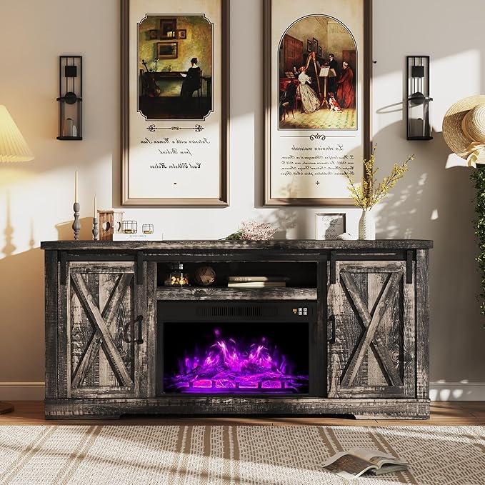 AMERLIFE Fireplace TV Stand with Sliding Barn Door for TVs up to 73", Farmhouse 63" Fireplace Entertainment Center with Storage Cabinets/Adjustable Shelves, Dark Rustic Oak