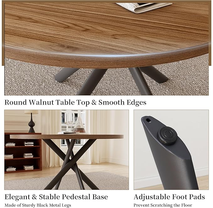 45.3 Inch Modern Round Dining Table for 4, Space-Saving Dinette with Carbon Steel Legs for Home Kitchen Apartment(Light Walnut Table)