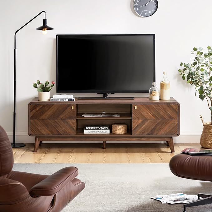 LuxenHome Mid Century Modern TV Stand, 63" TV Stands for Living Room for TVs up to 65", Entertainment Center with Storage, Wood TV Console with Tapered Legs, Television Stands