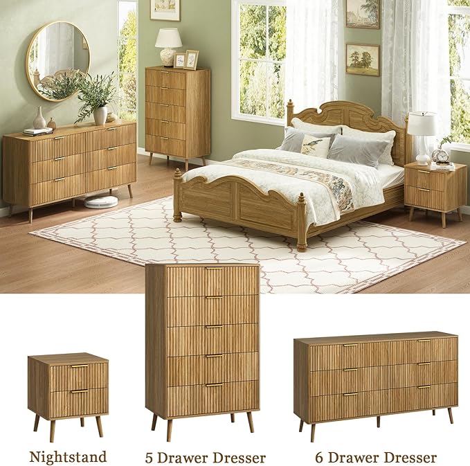 CARPETNAL Fluted 6 Double Drawers Dresser for Bedroom, 55”Wide Modern Chest of Drawers with Deep Drawers,Curved Profile Design, Wood Drawer Organizer for Bedroom Living Room, Hallway, Natural Oak
