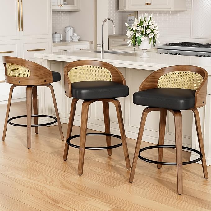 Rattan Bar Stools Set of 2, 26" Swivel Counter Height Bentwood Barstool, Mid-Century Modern PU Leather Upholstered Bar Chair with Back and Footrest, for Kitchen Island, Bar, Dining Room, Cafe