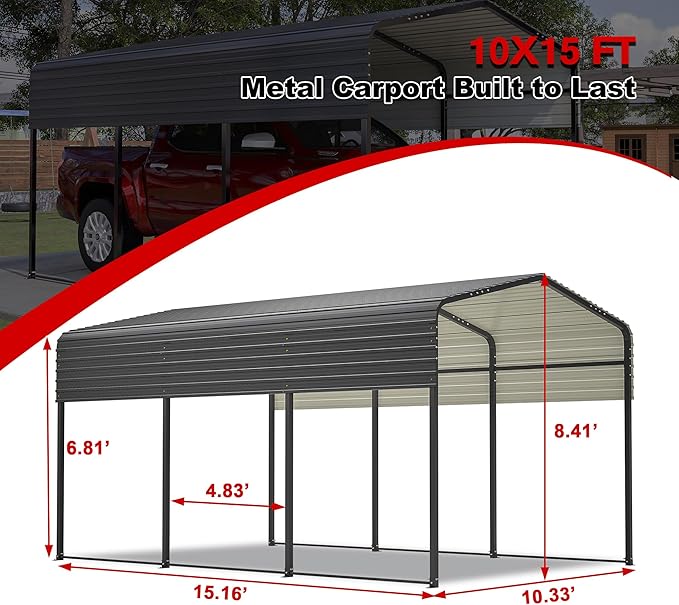 Metal Carport Kit 10x15 FT Heavy Duty Galvanized Garage Shed for Car Truck Boat Outdoor All Weather Sunshade Car Shelter with Enhanced Base Sloped Top (Black)