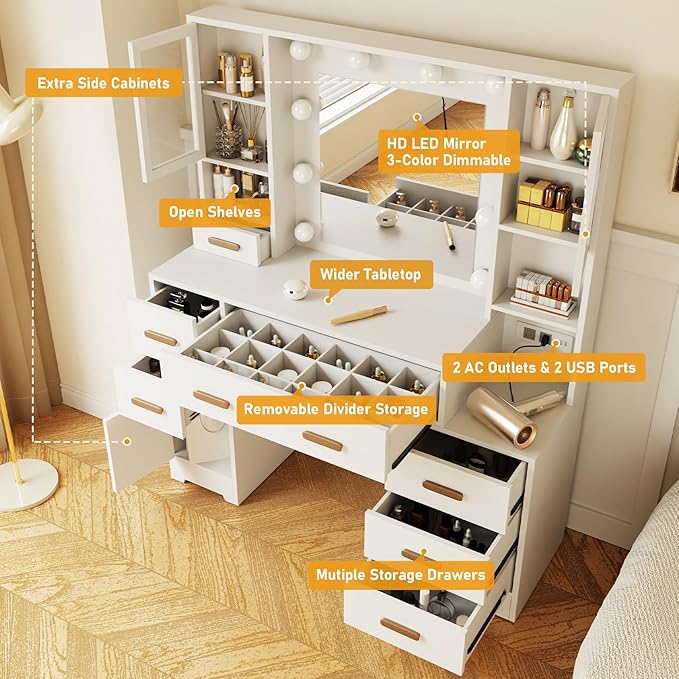 DYHOME Makeup Vanity Desk with Mirror and Lights & Charging Station, White Vanity Desk with 3 LED Light Modes, Make up Vanity Table with 7 Drawers & 3 Cabinets for Bedroom