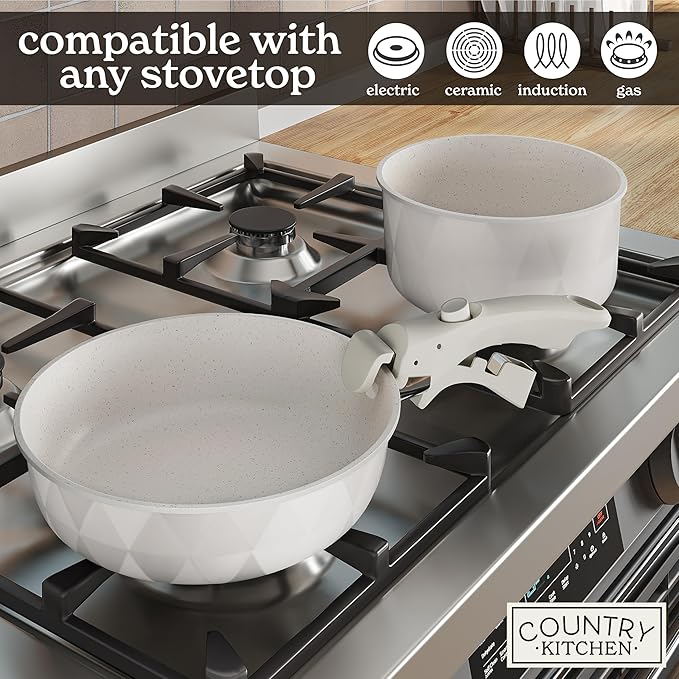 Country Kitchen Cookware Set with Removable Handle, Oven & RV Safe Pots and Pans Set, Cream Diamond, Original