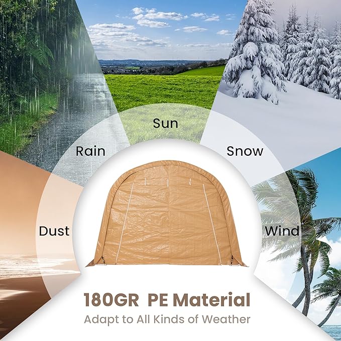 SUNBURY Carport, Round Portable Garage, Outdoor 13x20 ft Heavy Duty Carport, Tensioner and 2 Roll Up Doors Waterproof PE Fabric Car Port, Garage, Storage Shed, Tent for Storage, SUV, Brown