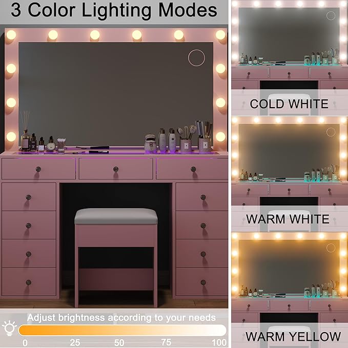 Vanity Desk with Mirror and Lights, Makeup Vanity Desk with Lights 3 Colors, LED Reinforced Glass Vanity, Makeup Vanity with 11 Storage Drawer, Dressing Table for Bedroom Dressing Room (Pink)