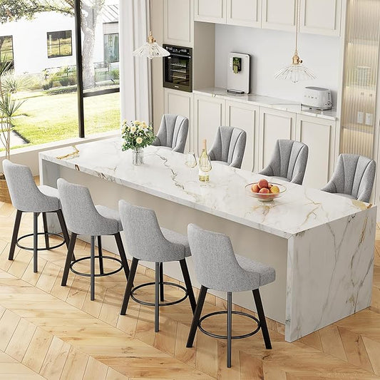 Swivel Bar Stools with Backs, 24" Counter Height Bar Stools Set of 8, Fabric Upholstered Counter Barstools with Solid Wood Legs for Kitchen Island, Home Bar, Light Gray