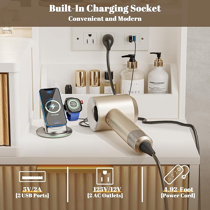 44" Vanity Desk with Mirror and Lights, Makeup Vanity Desk with Power Outlet, Makeup Desk with 5 Drawers&Storage Shelves, Vanity Table 3 Color Adjustable Brightness Dressing Table Set for Bedroom