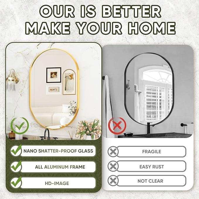 Suidia 22" x 30" Bathroom Mirror, Bathroom Vanity Mirror Metal Framed, Wall-Mounted Mirrors for Bedroom, Living Room, Entryway, Hallway, Gold, Oval Style