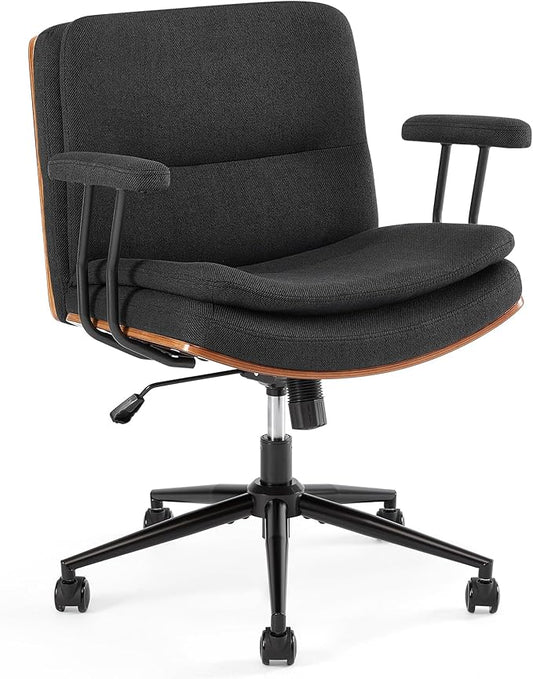 Criss Cross Chair with Armrests & Wheels, PU Leather Adjustable Swivel Walnut Task Chair with Wide Seat, Ergonomic Mid Back Computer Office Desk Chairs for Meeting Room, Home