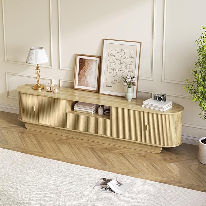 86.61'' Tambour TV Stand for 55-85 Inch, Modern Entertainment Center with Large Storage Cabinet & Open Shelves, TV Console with Sliding Doors for Living Room, Bedroom, Natural