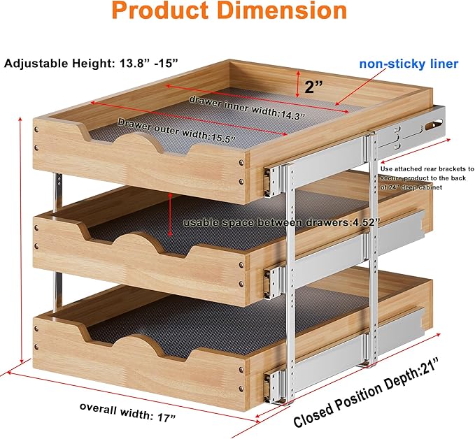 DINDON 3 Tier Pull Out Cabinet Organizer 17”W X21”D Slide Out Shelves With Shelf Liner for Kitchen Wood Roll Out Drawers Pantry Organization