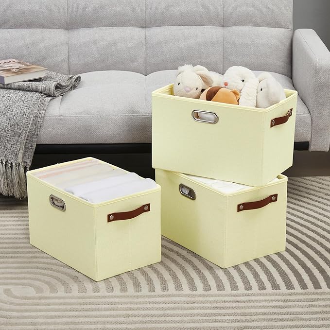 Large 3-Pack Foldable Fabric Storage Bins with Durable PU & Metal Handles , Collapsible Storage Baskets for Shelves, Home Storage, Closet Organizers, Living Room(14.9"x9.8"x9.8", Beige)