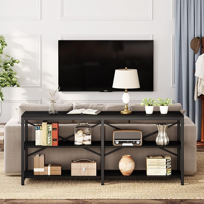 Tribesigns 70.9 Inch Extra Long Console Table, Modern Sofa Table Behind Couch Table with Storage Shelves, 3-Tier Industrial Hallway Entryway Table for Living Room, 3 Shelf Bookshelf(Black)