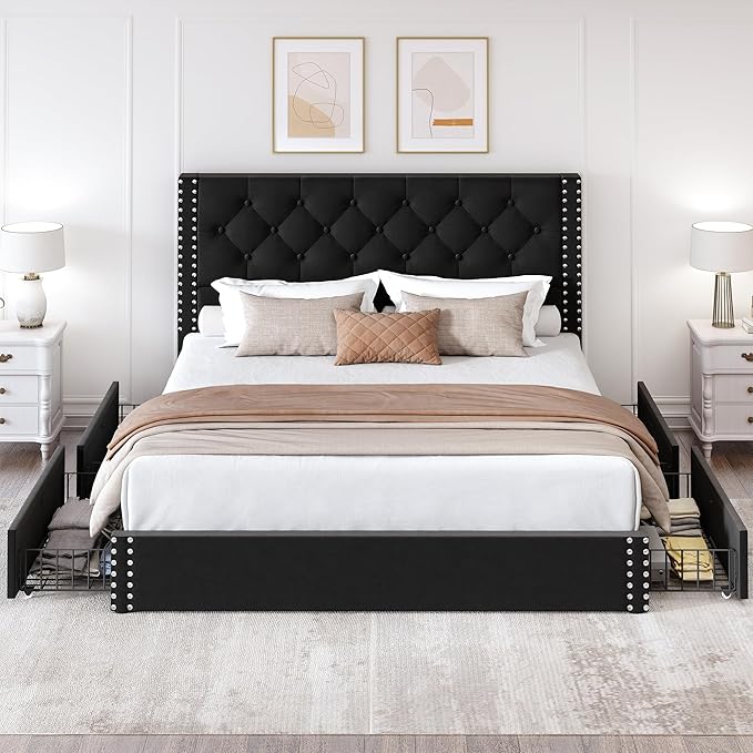 Queen Size Platform Bed Frame with 4 Storage Drawers and Tufted Headboard Velvet Upholstered Bed Frame with Heavy Duty Wood Slats, No Box Spring Needed, Easy Assembly, Black