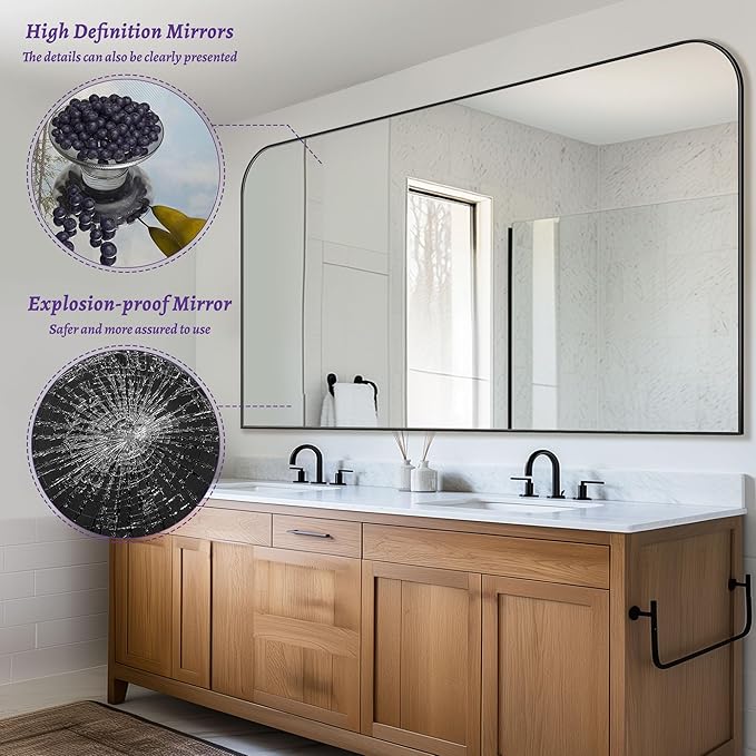 Bathroom Mirror, Wall Mirrors, Black Metal Framed Wall-Mounted Mirrors, Bathroom Vanity Mirror for Over Sink, Living Room, Bedroom, Entryway, 55x30 Inch, Black